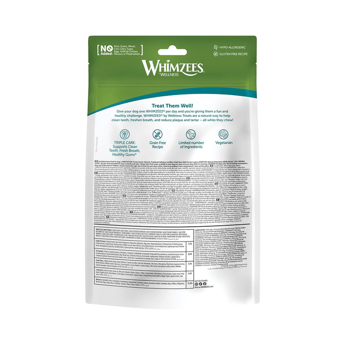 White background with a back view of a green and white bag of Whimzeez Dental Alligator Treats.