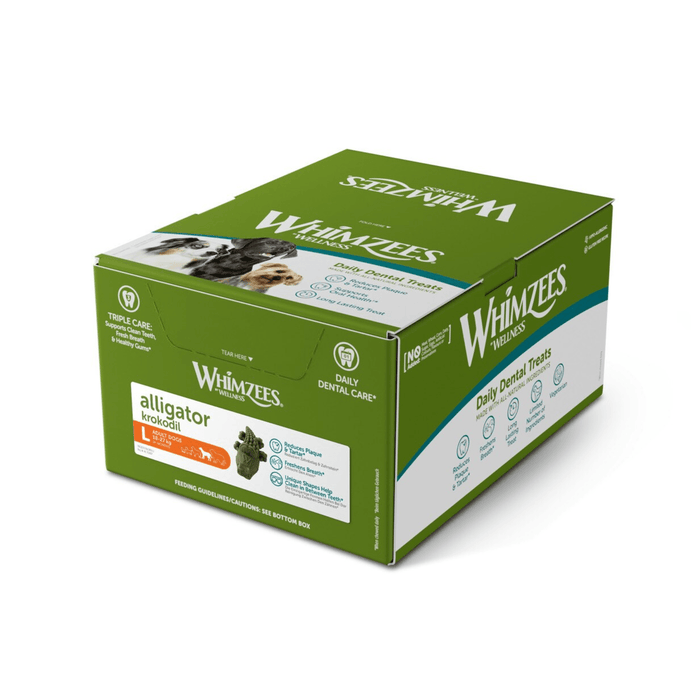 White background with a green and white box of 30 Whimzeez Dental Alligator Treats with a several large dogs pictured on the box.