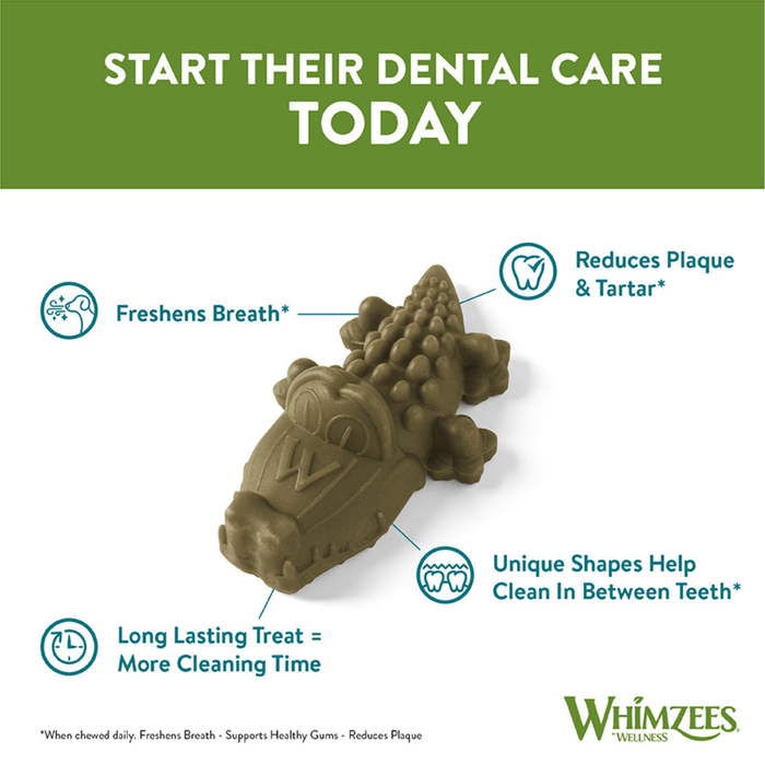 White background with a single Whimzees Dental Alligator in the centre with benefits listed around it.