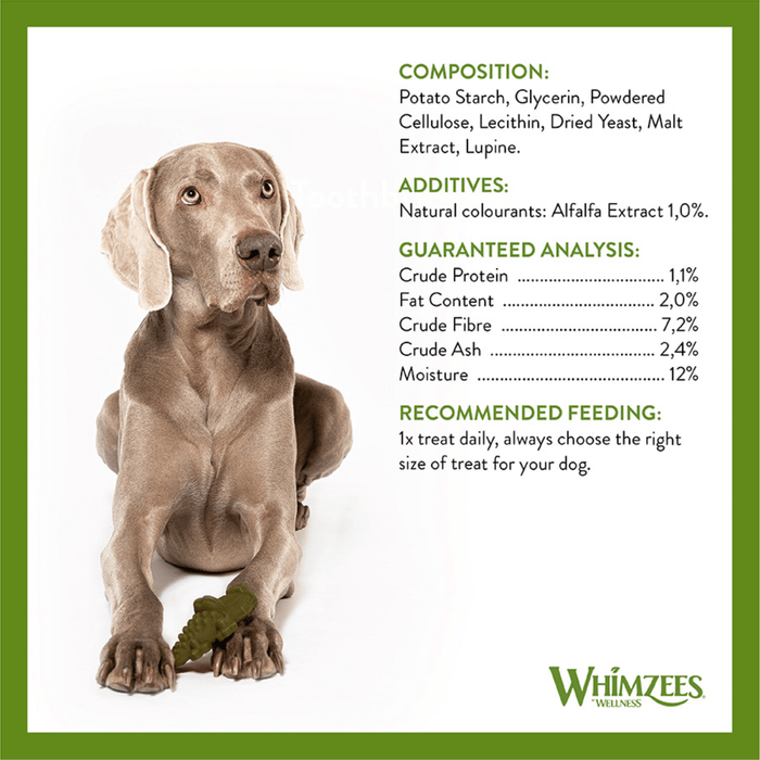 White background with a Weimaraner dog holding a Whimzees Dental Alligator in it's paws with the ingredients and composition listed above.