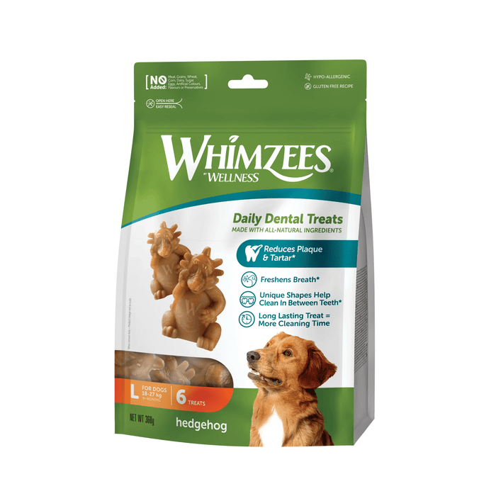 White background with a green and white bag of Whimzeez Dental Hedgehog Treats with a golden retriever type dog pictured on the packet.