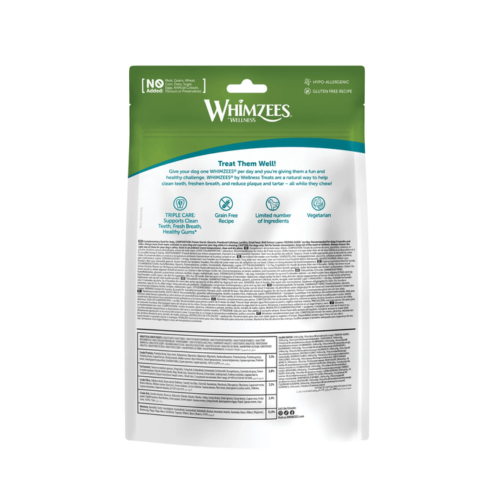 White background with a back view of a green and white bag of Whimzeez Dental Hedgehog Treats.