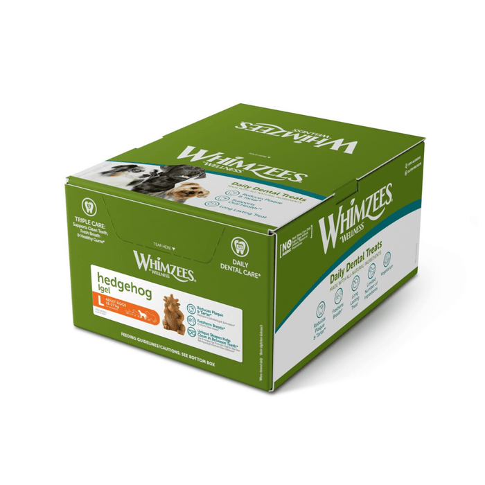 White background with a green and white box of 30 Whimzeez Dental Hedgehog Treats with a several large dogs pictured on the box.