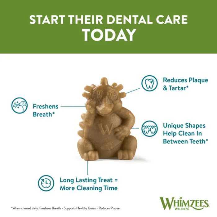 White background with a single Whimzees Dental Hedgehog in the centre with benefits listed around it.