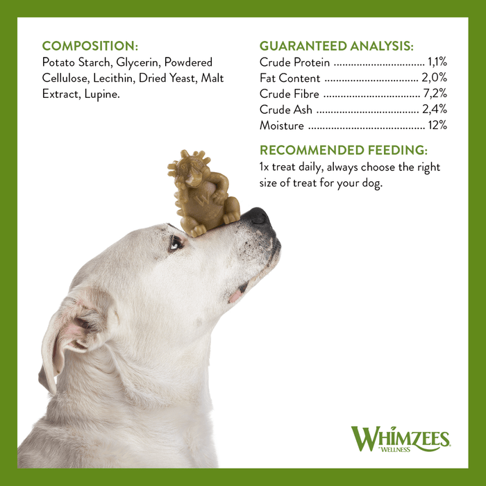 White background with a white Staffordshire type dog balancing a Whimzees Dental Hedgehog on it's nose with the ingredients and composition listed above.