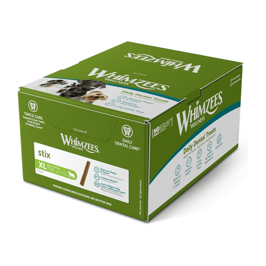 White background with a green and white box of 30 Whimzeez Dental Stix Treats with a several large dogs pictured on the box.