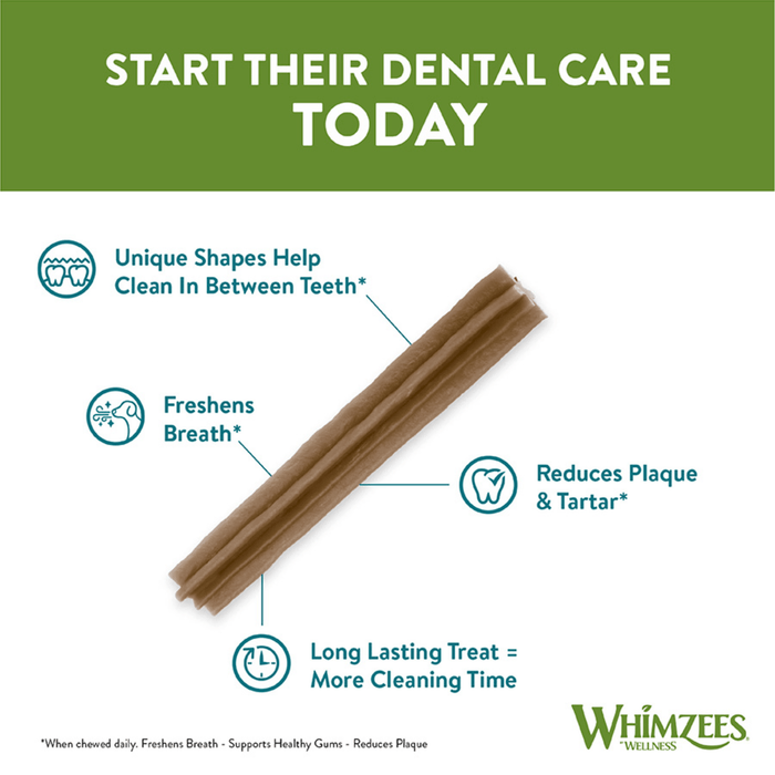 White background with a single Whimzees Dental Stix in the centre with benefits listed around it.