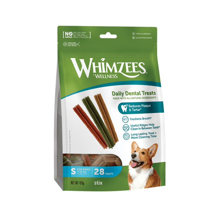 White background with a green and white bag of Whimzeez Dental Stix Treats with a corgi pictured on the packet.