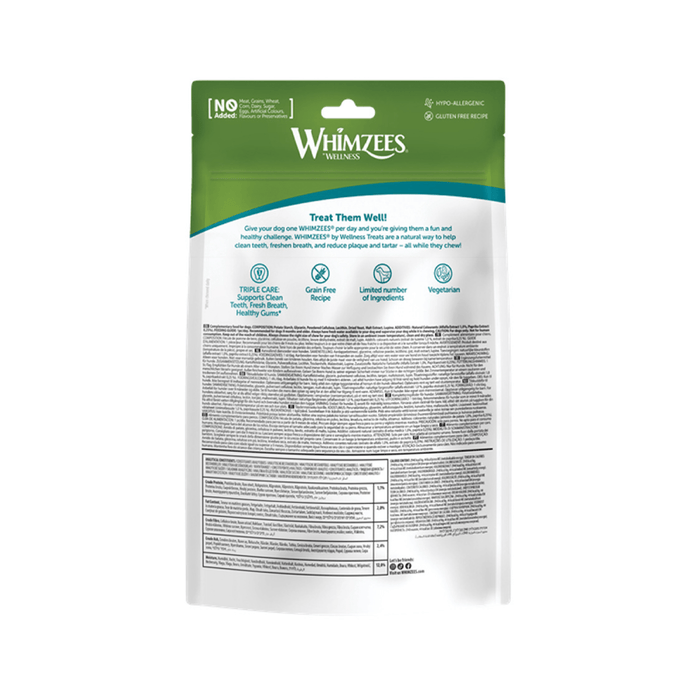 White background with a back view of a  green and white bag of Whimzeez Dental Stix Treats.