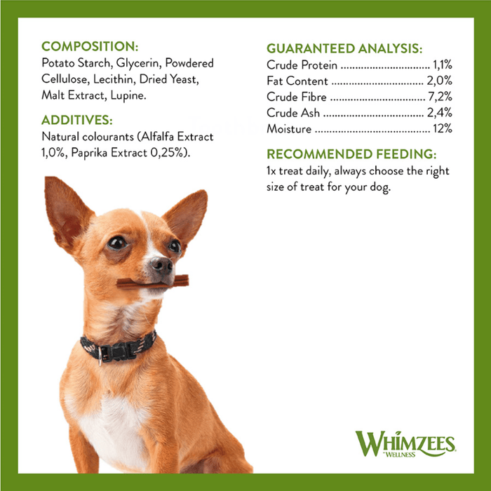 White background with a Chihuahua dog holding a Whimzees Dental stix in it's mouth with the ingredients and composition listed above.