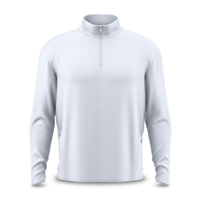 The White - Q-Zip is a long-sleeve, light gray quarter-zip pullover with a high collar and athletic fit. Shown on a white background, it features moisture-wicking fabric and a logo-free, patternless design.