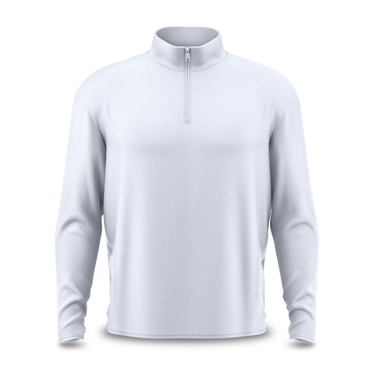 The White - Q-Zip is a long-sleeve, light gray quarter-zip pullover with a high collar and athletic fit. Shown on a white background, it features moisture-wicking fabric and a logo-free, patternless design.