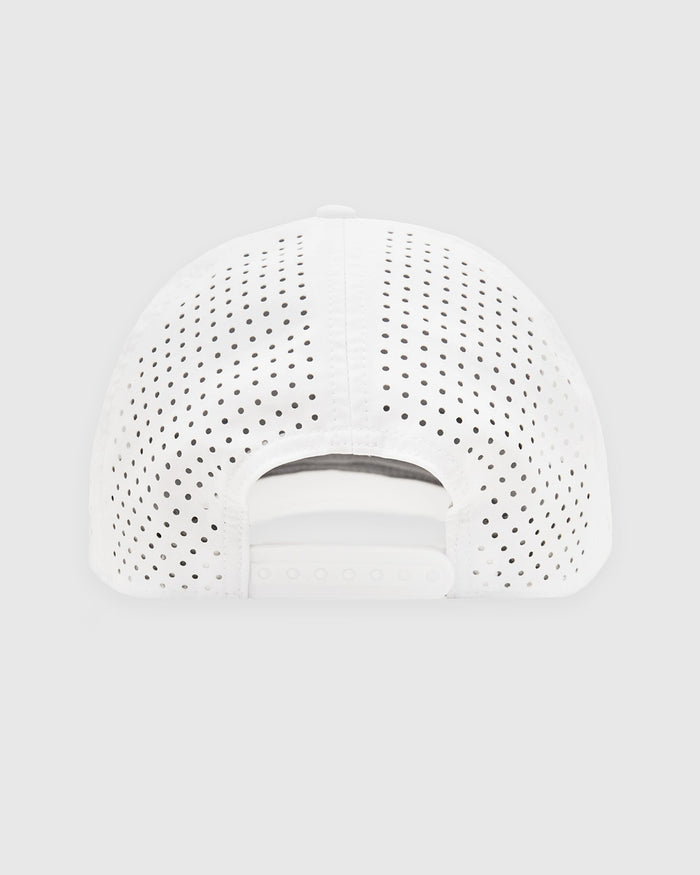 White All Purpose Logo Cap, back view, perforated crown, snapback closure.