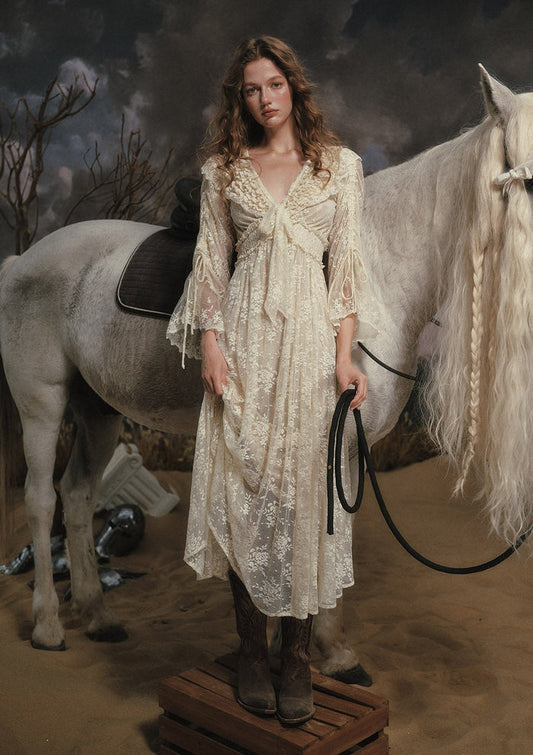 Lacemade "White Horse Princess" White Lace Maxi Dress with Sleeves
