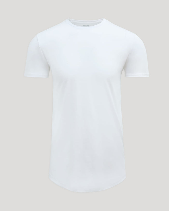 White Tall Pima Cotton Blend Curved Hem Crew shirt displayed on a neutral background, showcasing a clean, soft, and comfortable men's basics style.