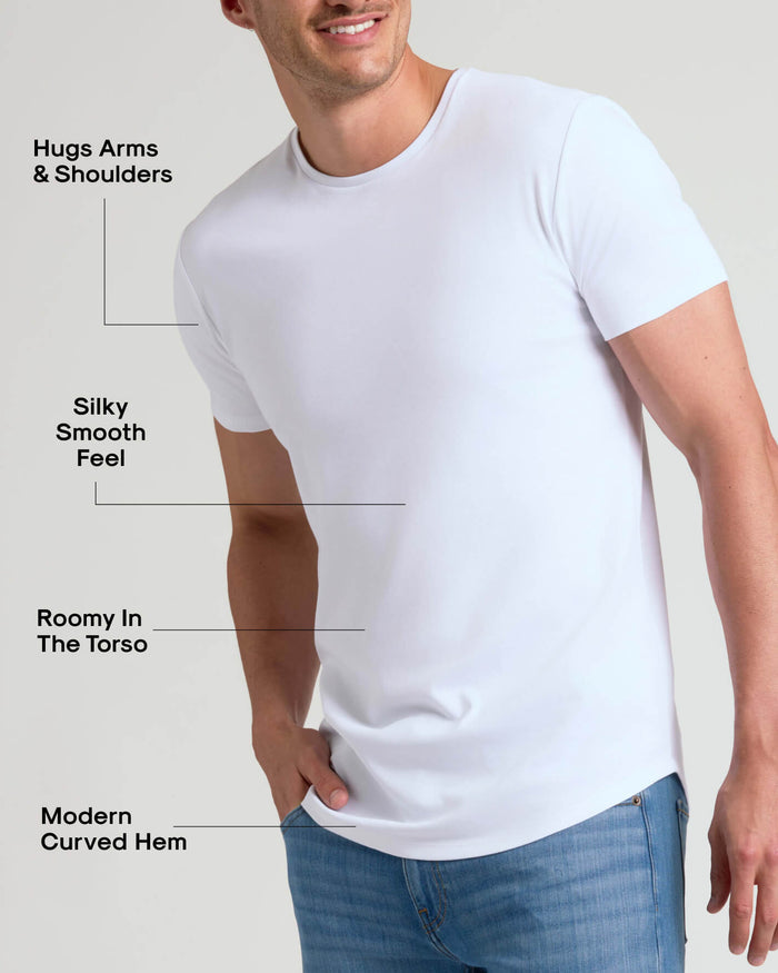 Man wearing a white Tall Pima Cotton Blend Curved Hem Crew 7-Pack t-shirt showing a comfortable fit that hugs arms and shoulders, with a silky smooth feel, roomy torso, and modern curved hem.