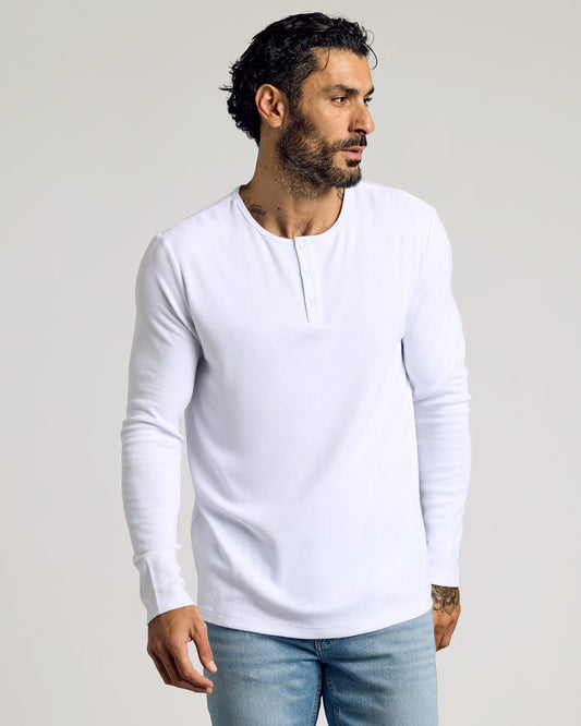 White Waffle Long Sleeve Henley modeled against a simple backdrop.