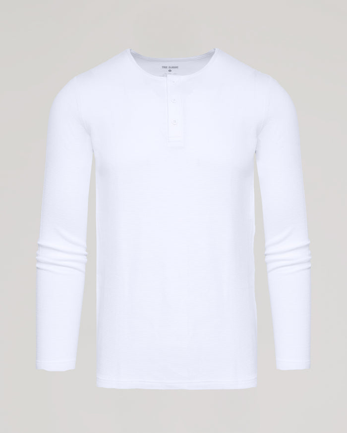 White Waffle Long Sleeve Henley with a three-button placket.