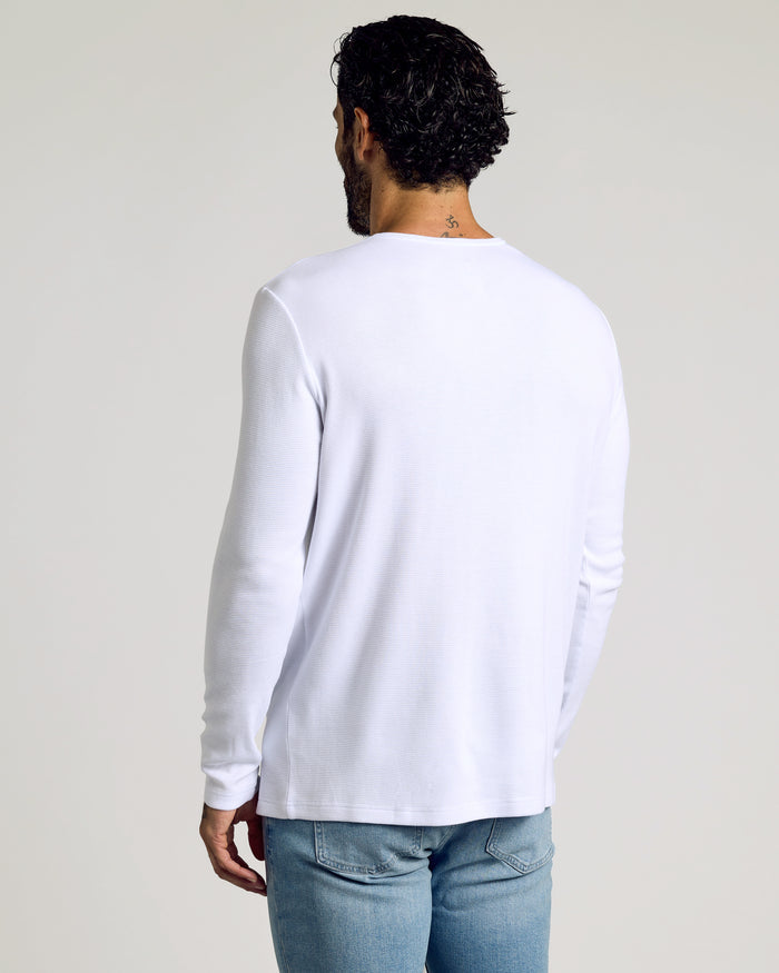 White Waffle Long Sleeve Henley on man with back to camera.