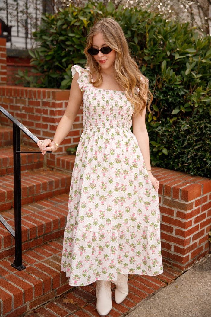 Pink Floral Smocked Midi Dress – Ruffle Sleeve Cottagecore Dress