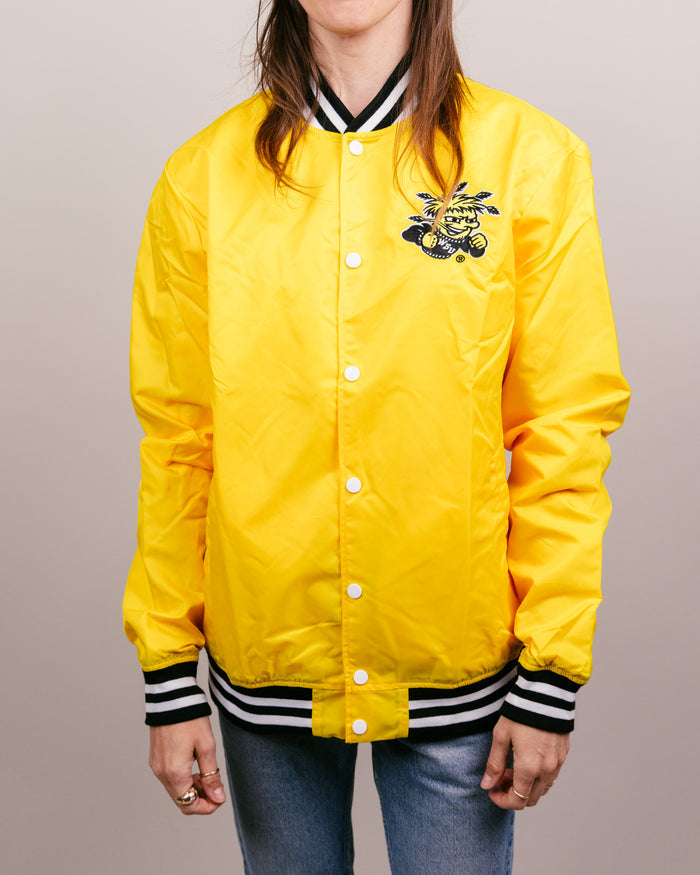 Yellow Wichita State Shockers Arch Vintage Varsity Jacket Front
