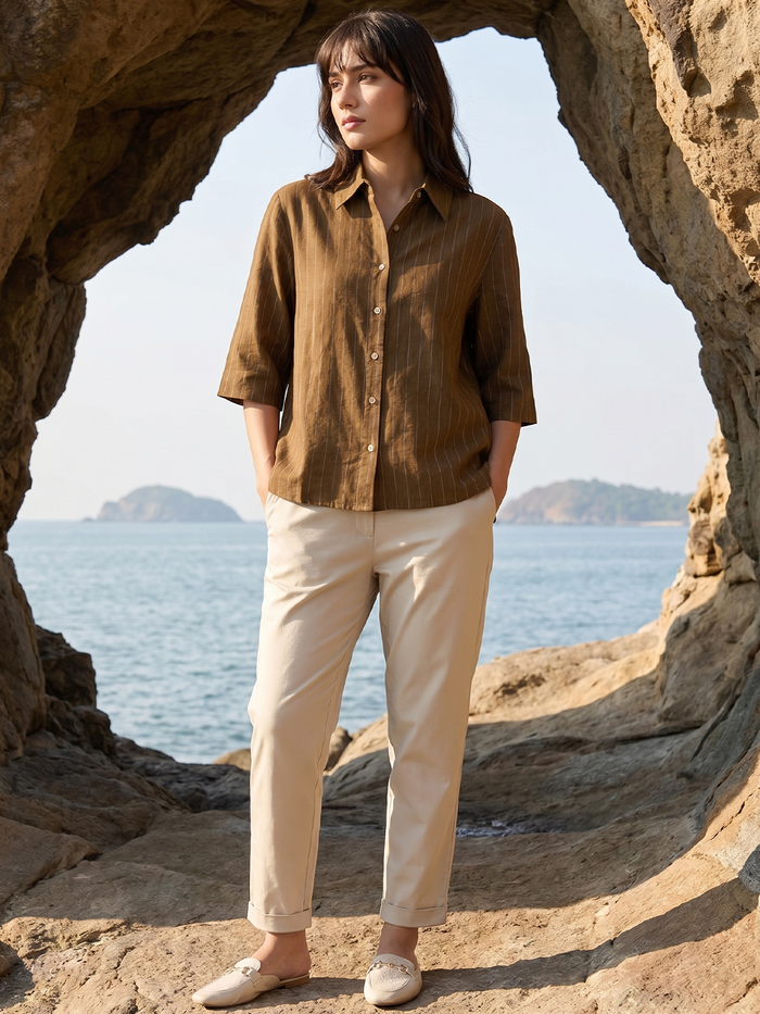 Women's Brown 100% Linen Boxy Fit Blouse