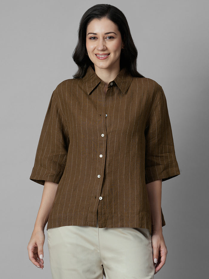 Women's Brown 100% Linen Boxy Fit Blouse