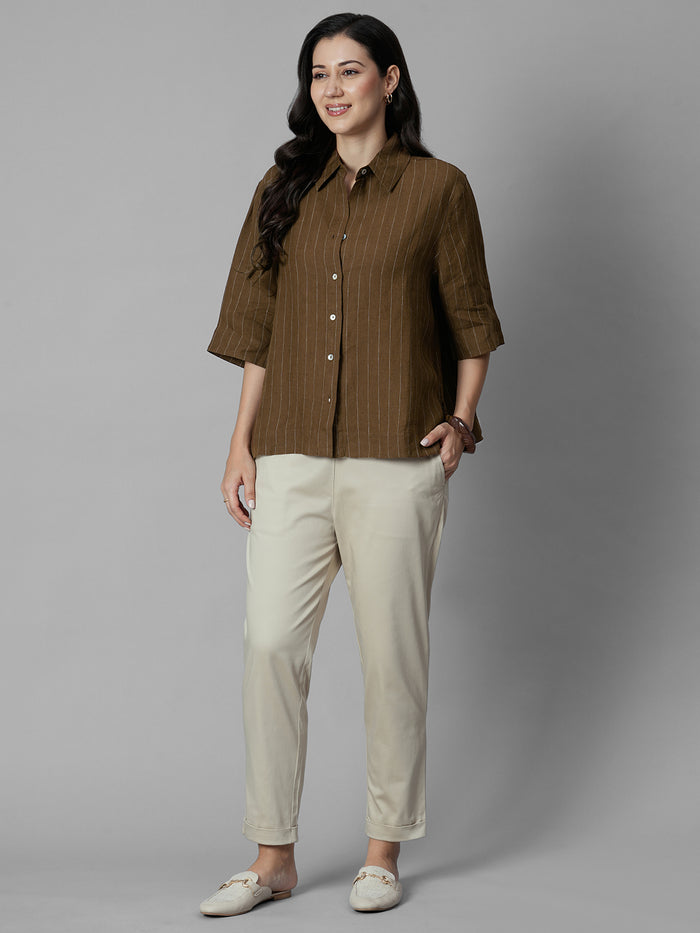 Women's Brown 100% Linen Boxy Fit Blouse