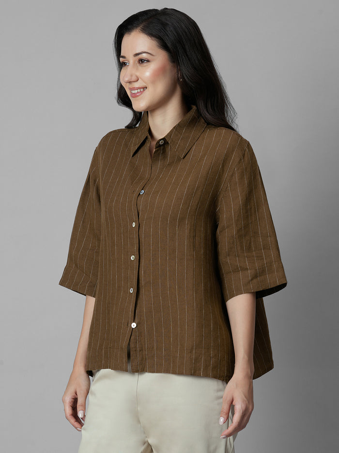 Women's Brown 100% Linen Boxy Fit Blouse