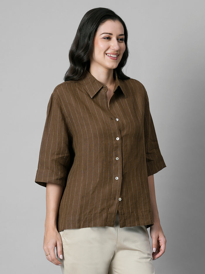 Women's Brown 100% Linen Boxy Fit Blouse