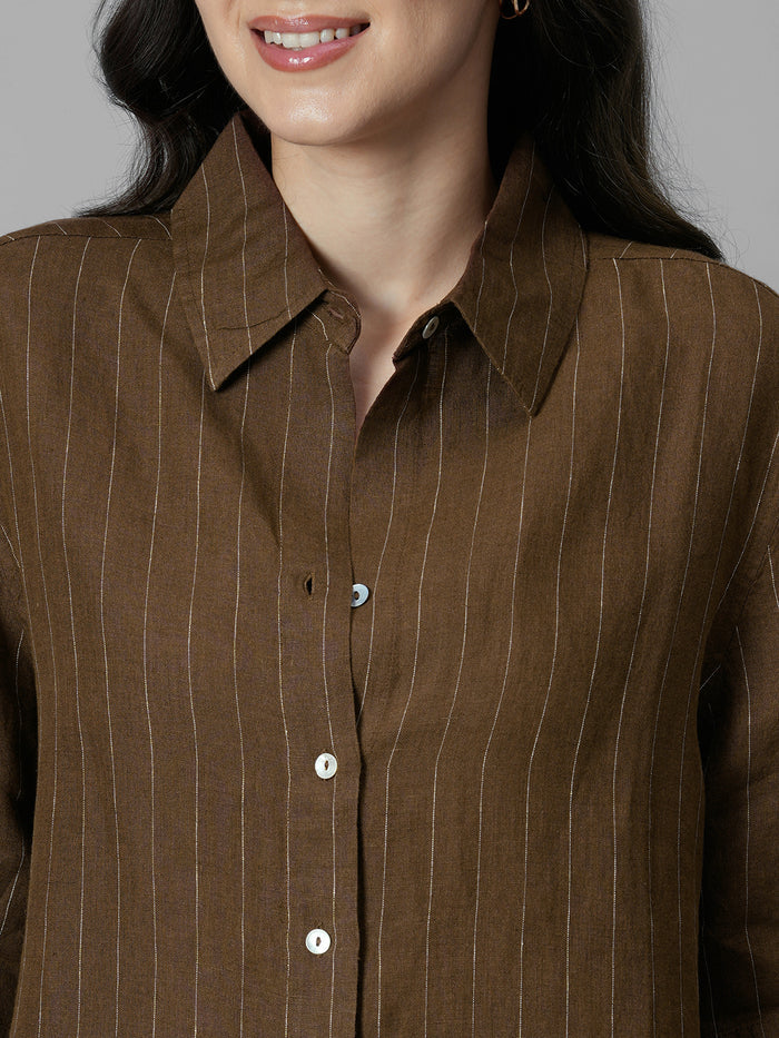 Women's Brown 100% Linen Boxy Fit Blouse