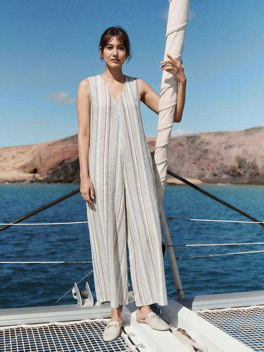 Women's Cream Linen Viscose Regular Fit Jumpsuit