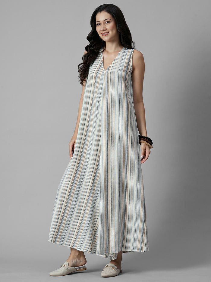 Women's Cream Linen Viscose Regular Fit Jumpsuit