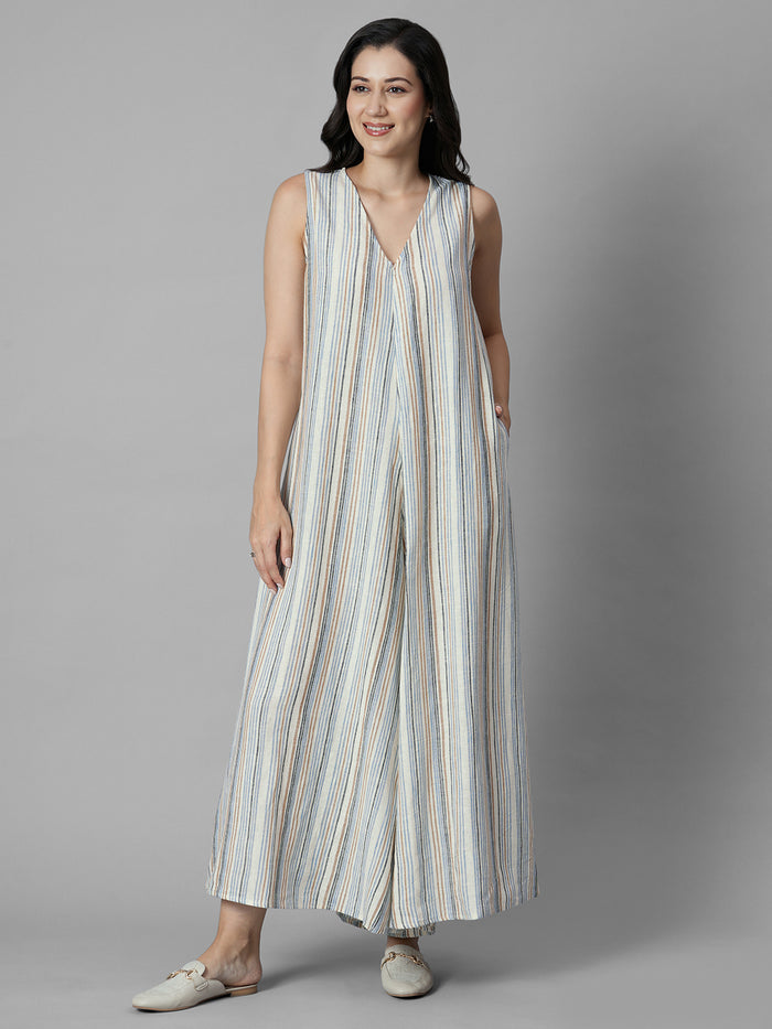 Women's Cream Linen Viscose Regular Fit Jumpsuit