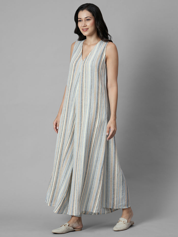 Women's Cream Linen Viscose Regular Fit Jumpsuit