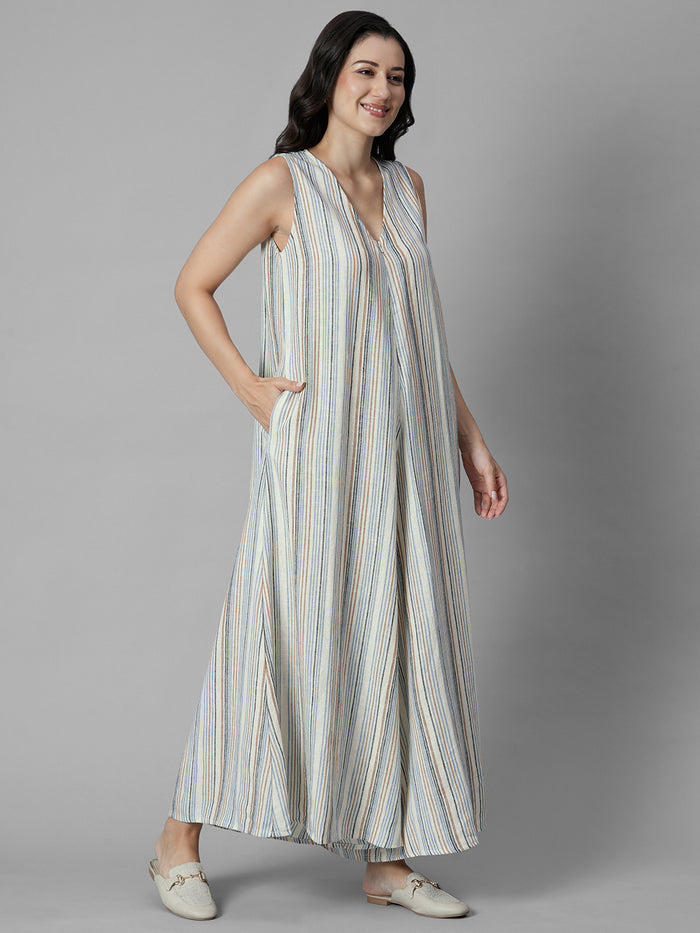 Women's Cream Linen Viscose Regular Fit Jumpsuit