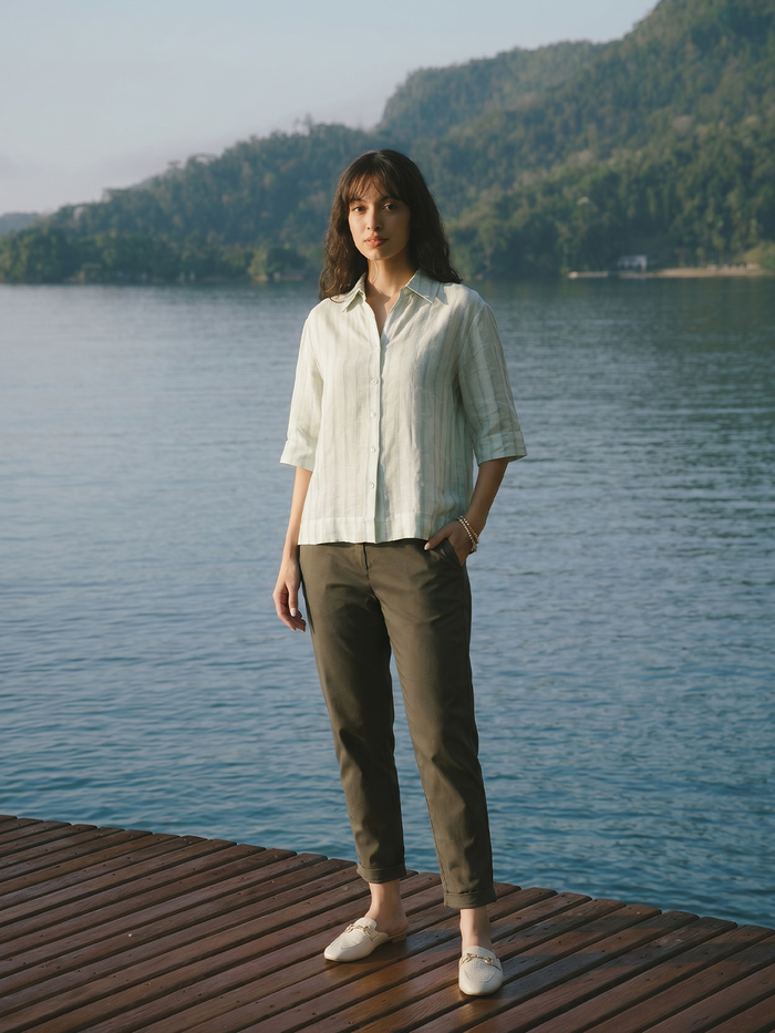 Women's Green 100% Linen Boxy Fit Blouse
