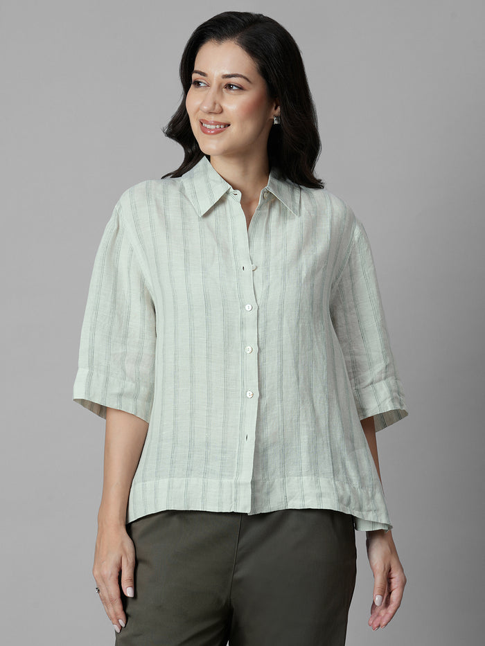 Women's Green 100% Linen Boxy Fit Blouse