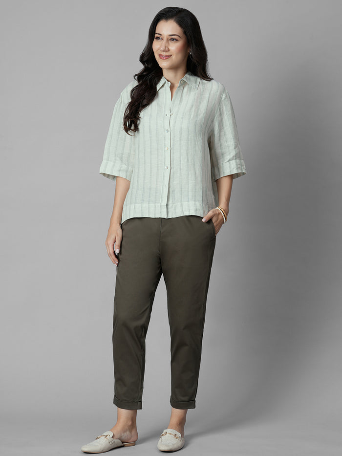 Women's Green 100% Linen Boxy Fit Blouse