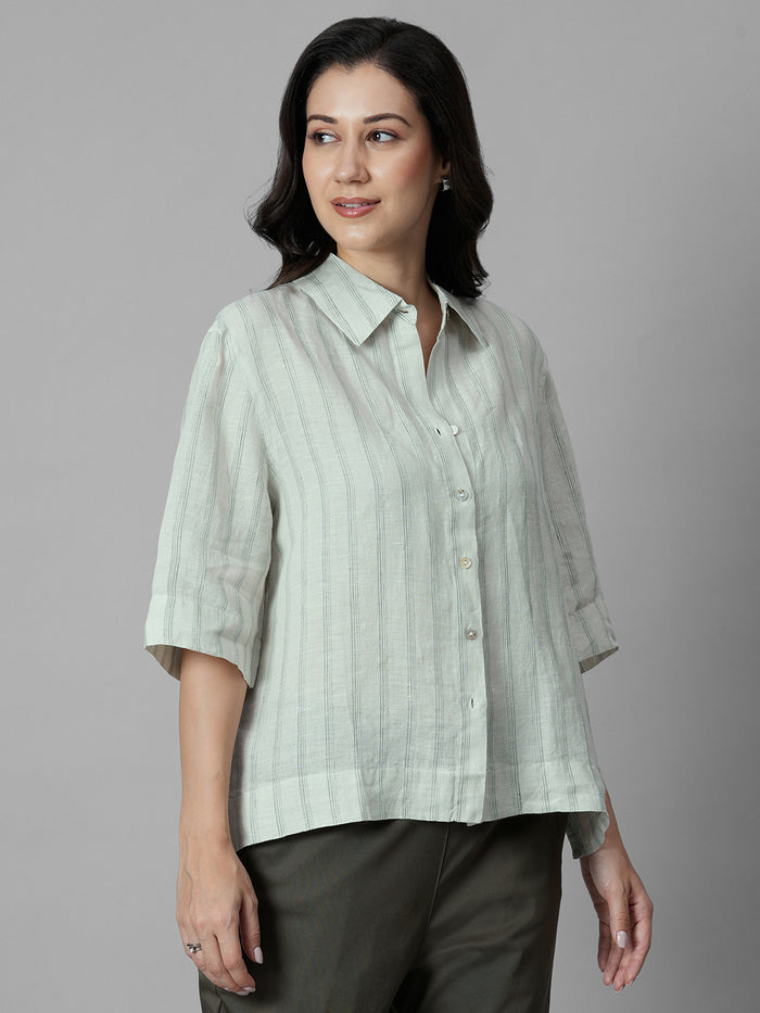 Women's Green 100% Linen Boxy Fit Blouse
