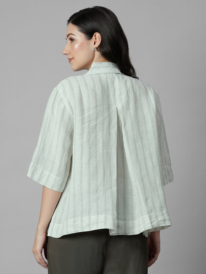 Women's Green 100% Linen Boxy Fit Blouse