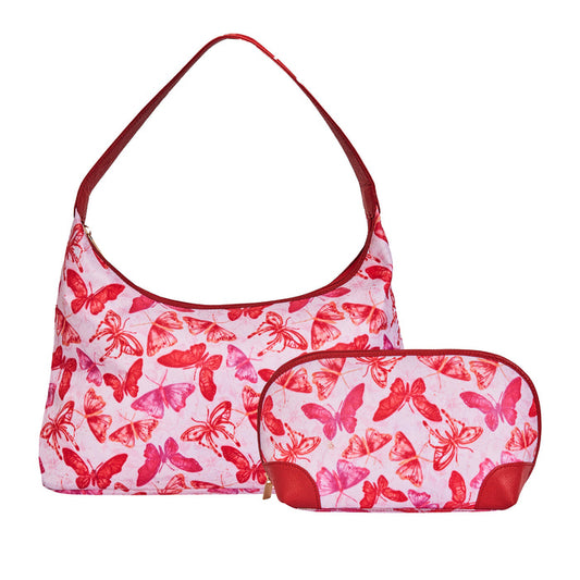 Women's pink colour hobo shoulder bag and cosmetic pouches travel combo
