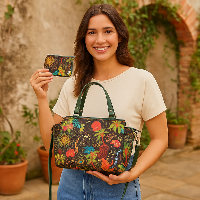Women's green Satchel bag and coin pouches combo for travel and gift-model image