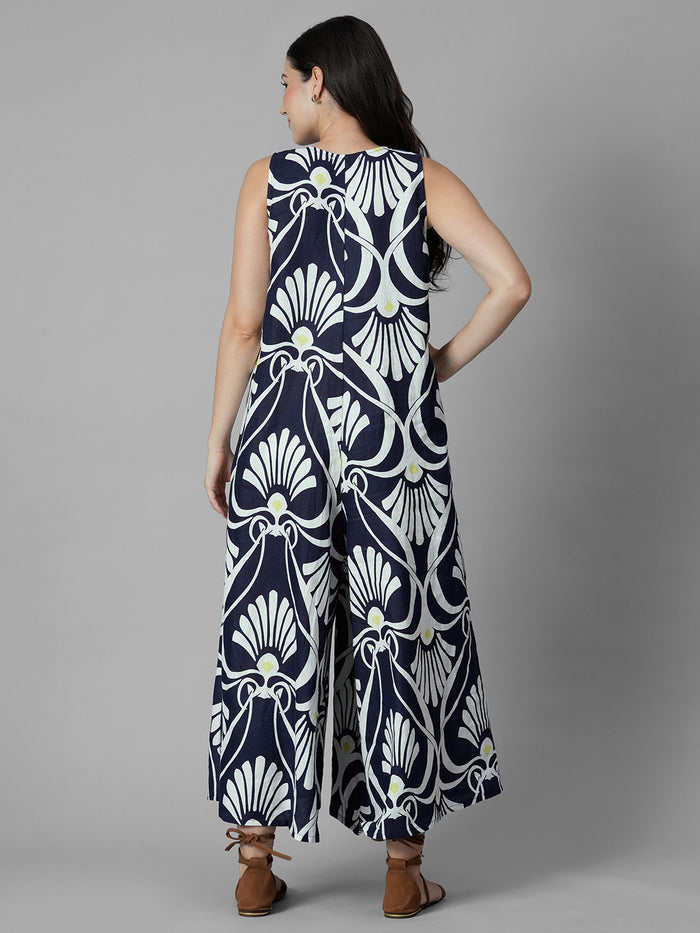 Women's Navy 100% Linen Regular Fit Jumpsuit