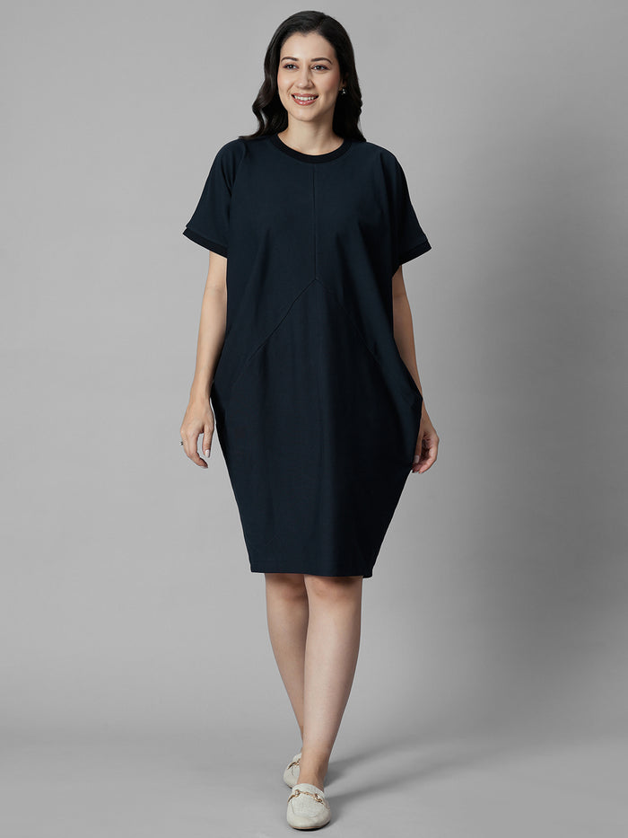 Women's Navy Cotton Elastane Boxy Fit Knit Dress