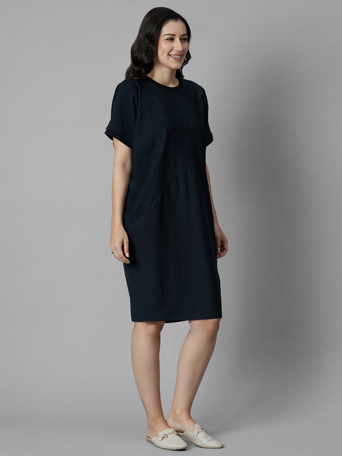 Women's Navy Cotton Elastane Boxy Fit Knit Dress