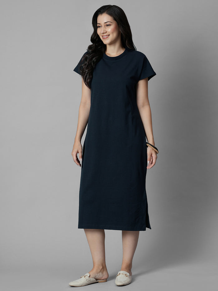 Women's Navy Cotton Elastane Regular Fit Knit Dress