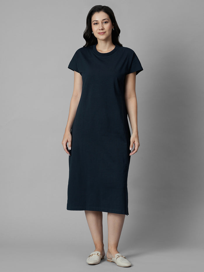 Women's Navy Cotton Elastane Regular Fit Knit Dress