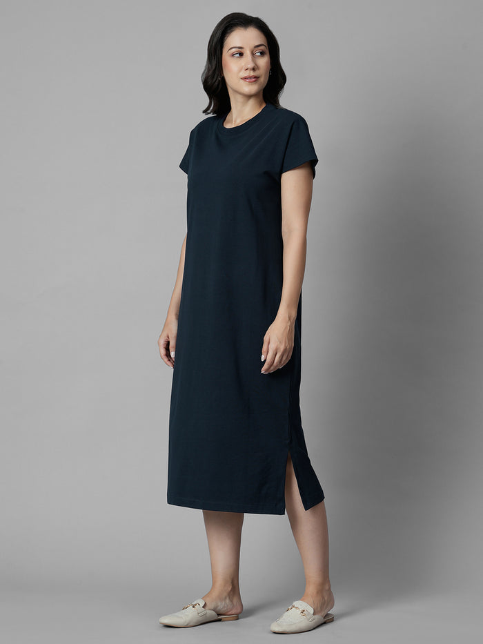 Women's Navy Cotton Elastane Regular Fit Knit Dress