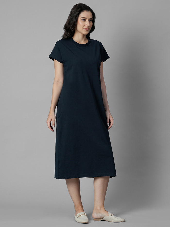 Women's Navy Cotton Elastane Regular Fit Knit Dress